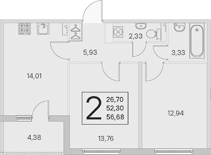 2-комнатная квартира 52.3 м², 2/4 эт., ЖК «Любоград в Стрельне»